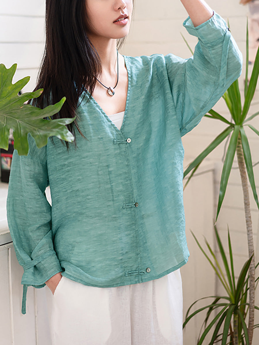 Women Summer Retro Pure Color V-Neck Linen Thin Shirt