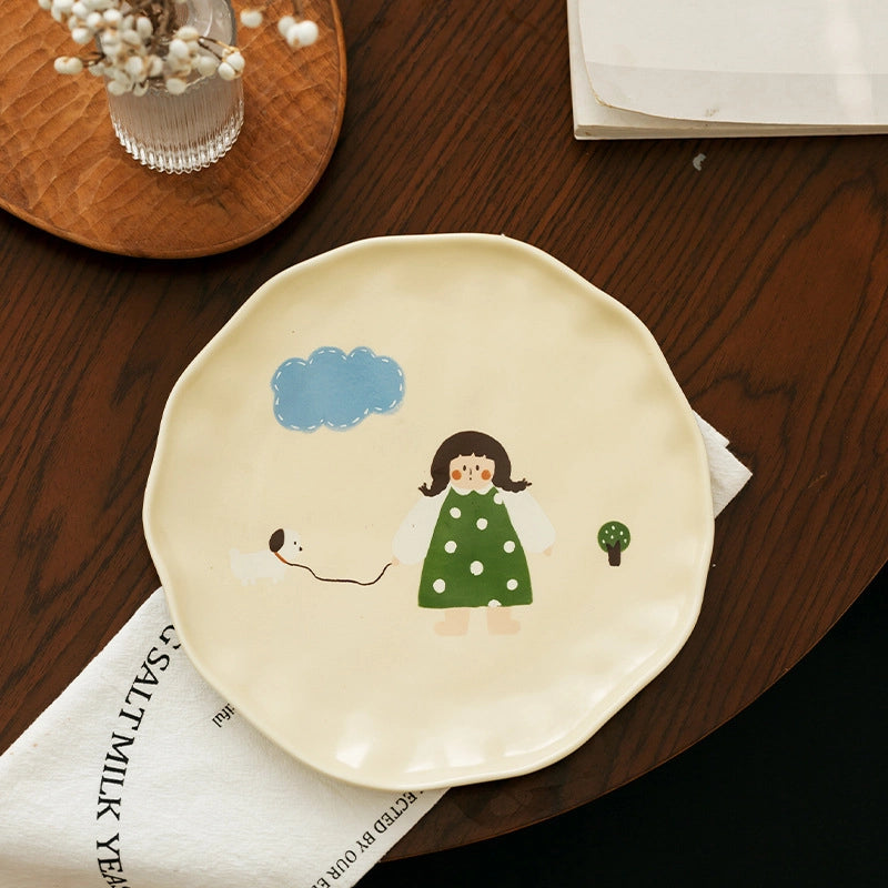 Vintage Girl's Dinner Plate Cute Plate Household Ceramic Plate Cartoon Plate Rice Bowl Small Bowl Mug With Lid