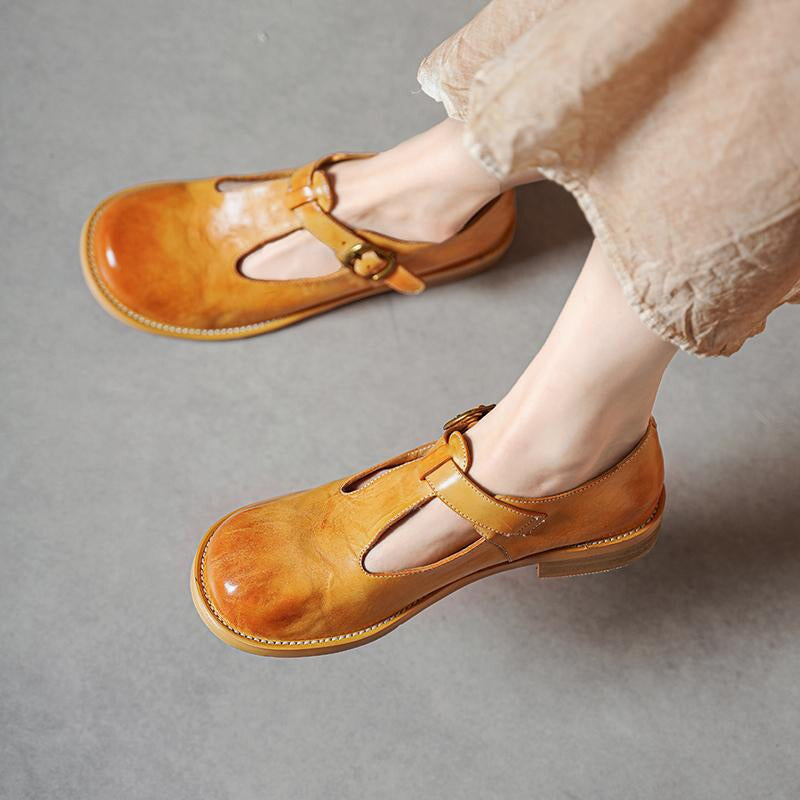 Vintage Washed Horse Leather Round Toe T-Strap Mary Jane Shoes Pink/Yellow/Black