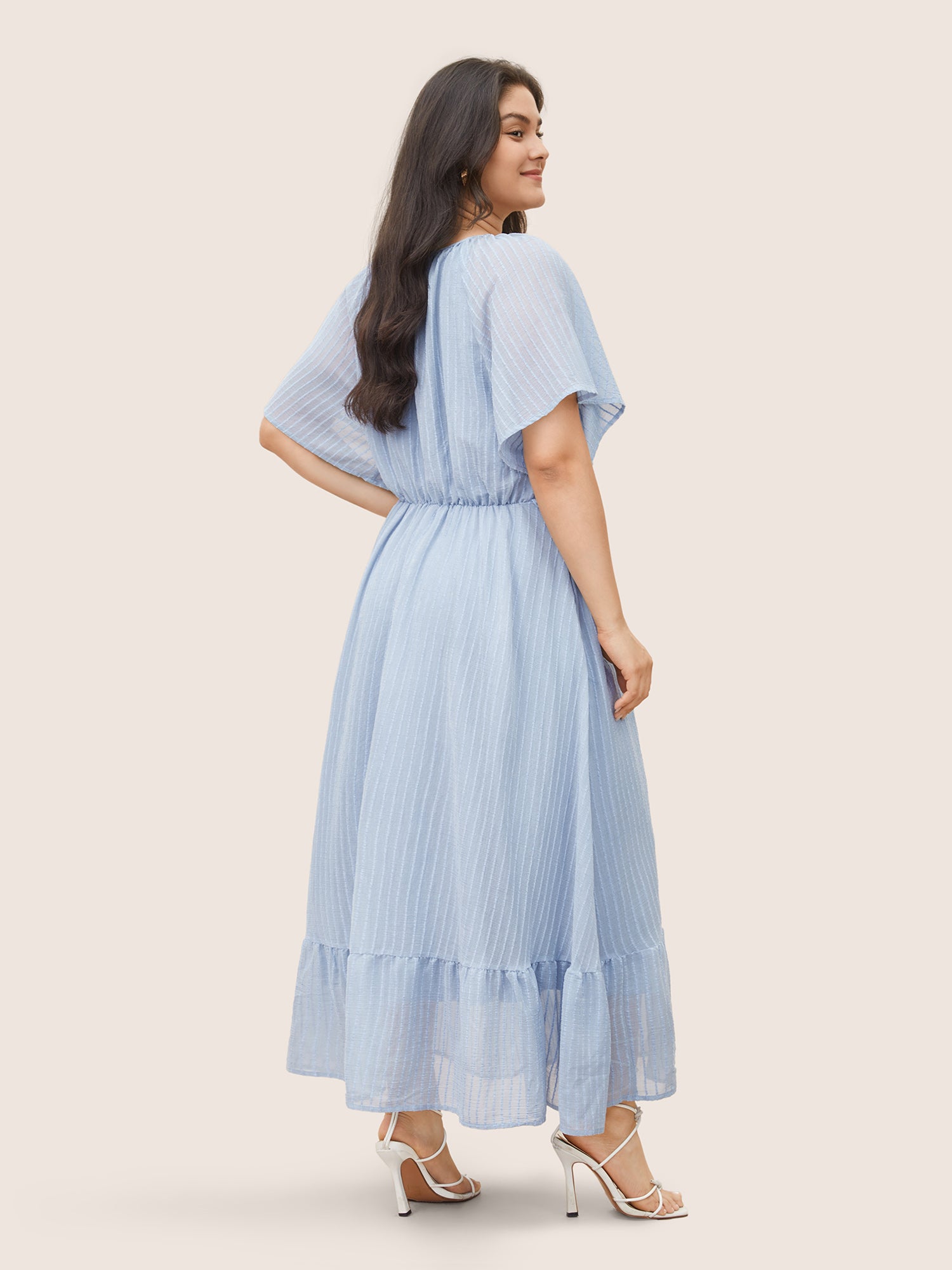 Solid Striped Notched Ties Up Pocket Flutter Maxi Dress