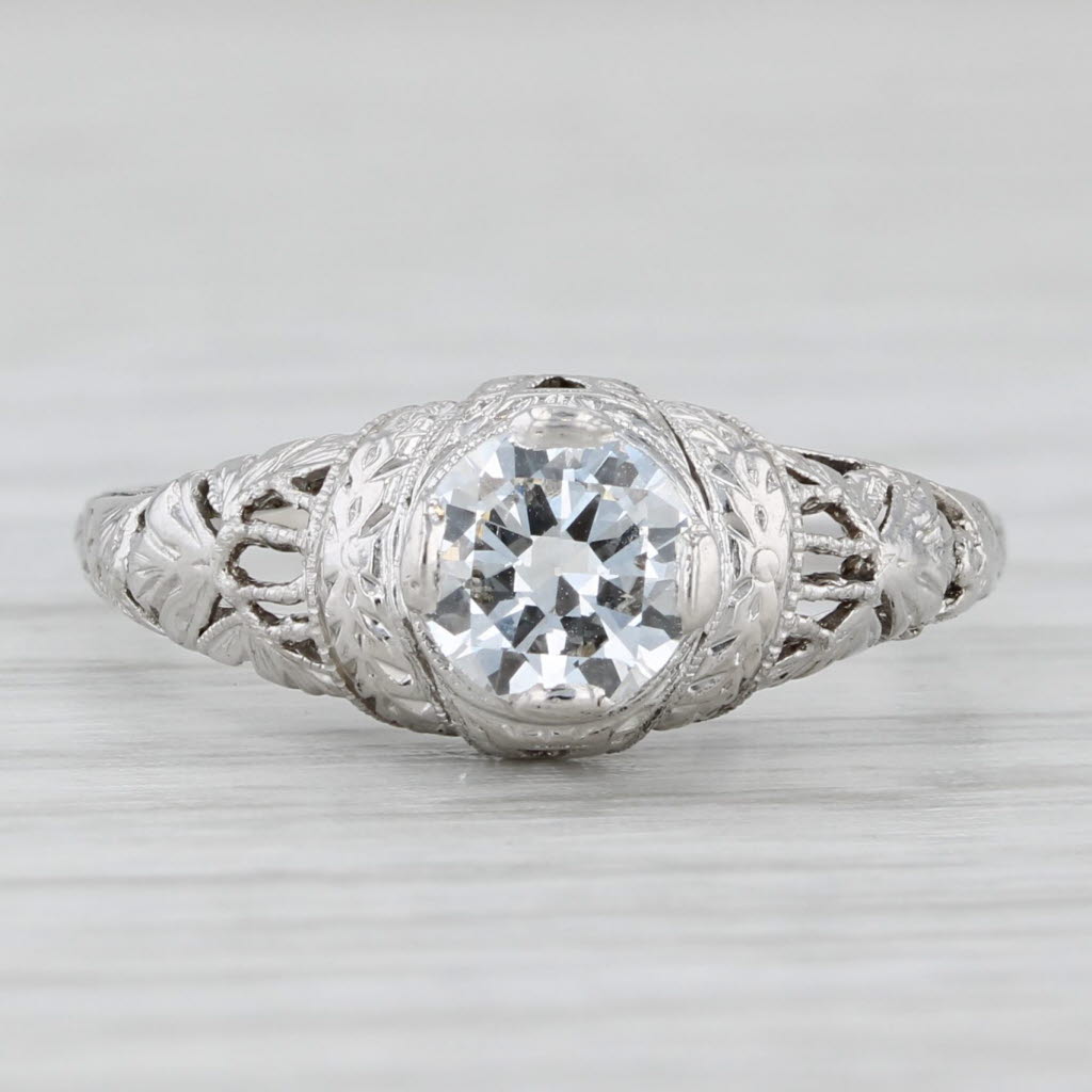 Art Deco 0.51ct Round Diamond Solitaire Engagement Ring Platinum Size 6