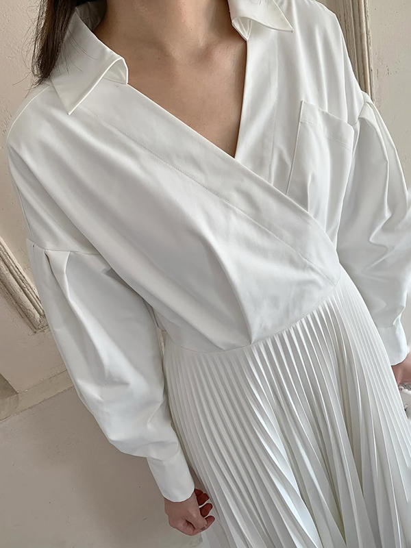 A-Line Long Sleeves Pleated Solid Color V-Neck Maxi Dresses