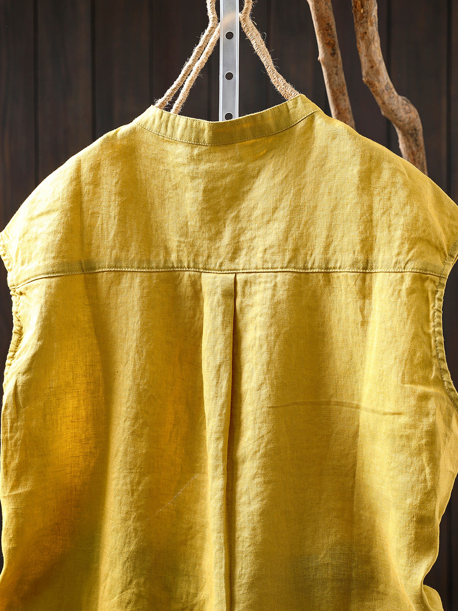 Women Summer Casual Pure Color Stand Collar 100%Linen Shirt