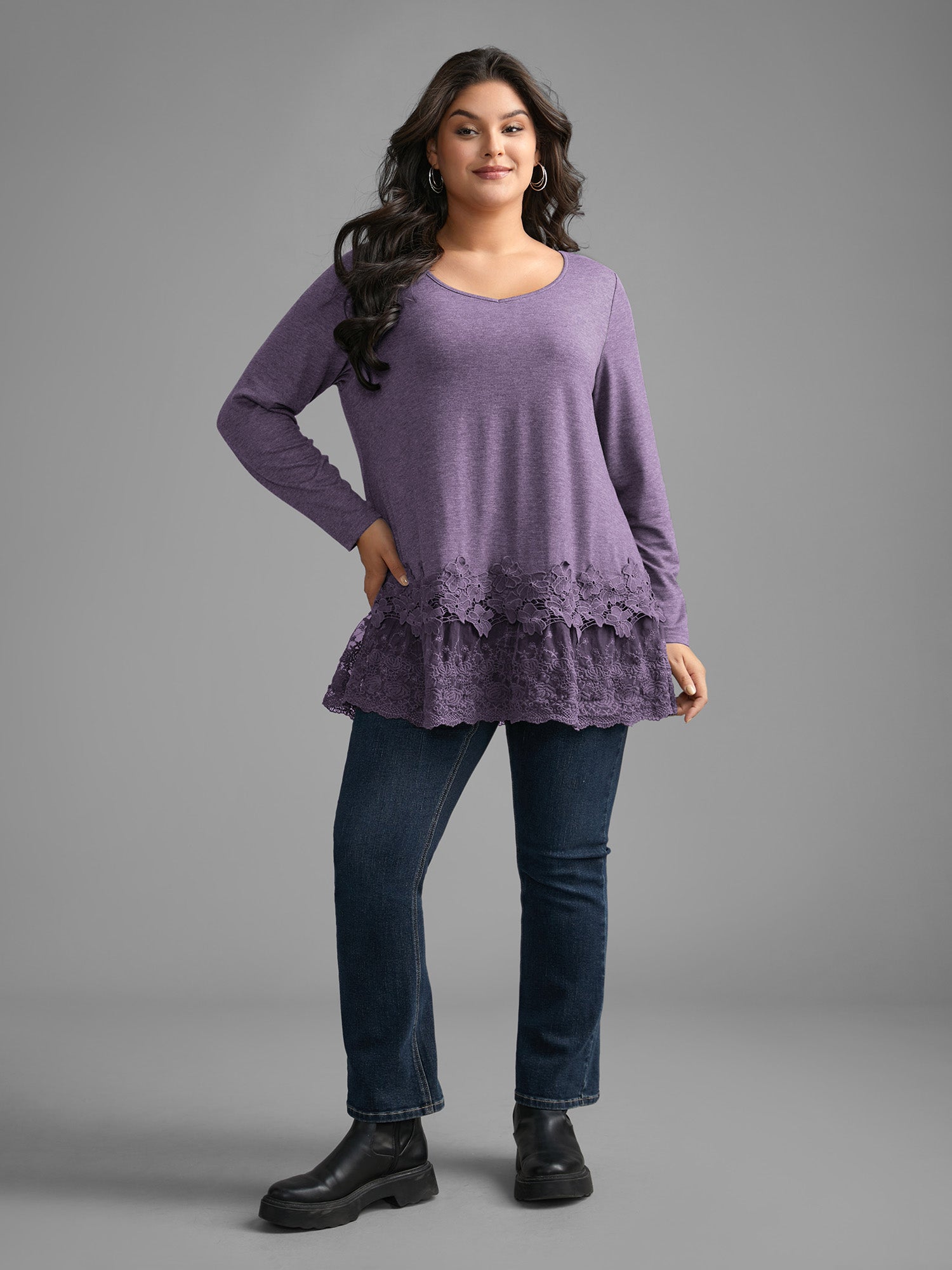 V Neck Lace Panel Jersey Top