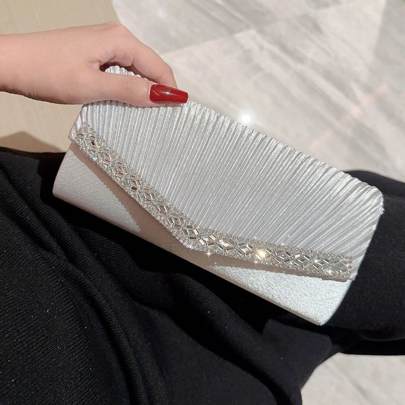 New Evening Bag Fashionable Pleated Clutch With Rhinestone Velvet Simple Dinner Crossbody Women's Bag