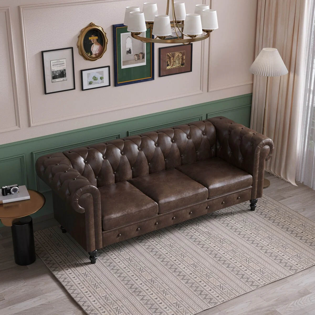 Faux Leather Upholstered Chesterfield Sofa -- 3 seats
