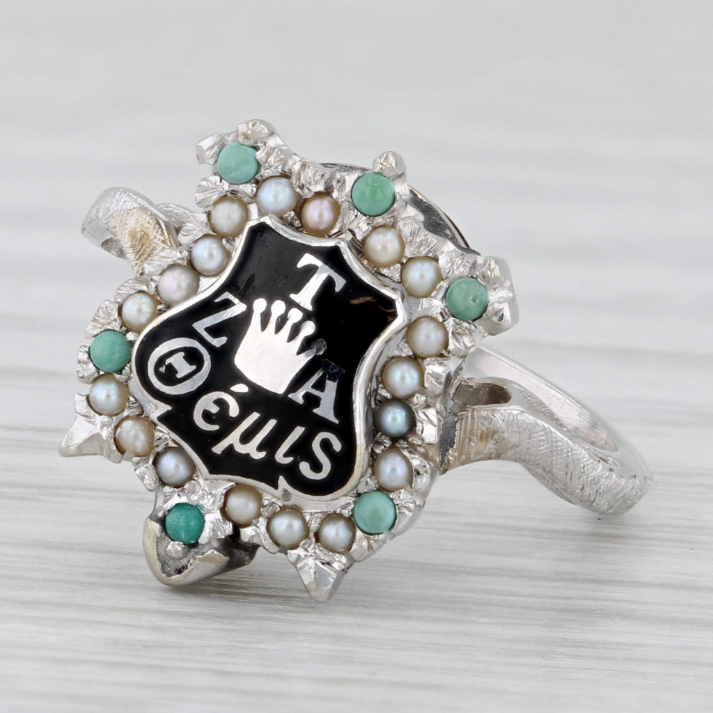 Zeta Tau Alpha Sorority Badge Ring 14k Gold Turquoise Pearl Vintage Size 4.75