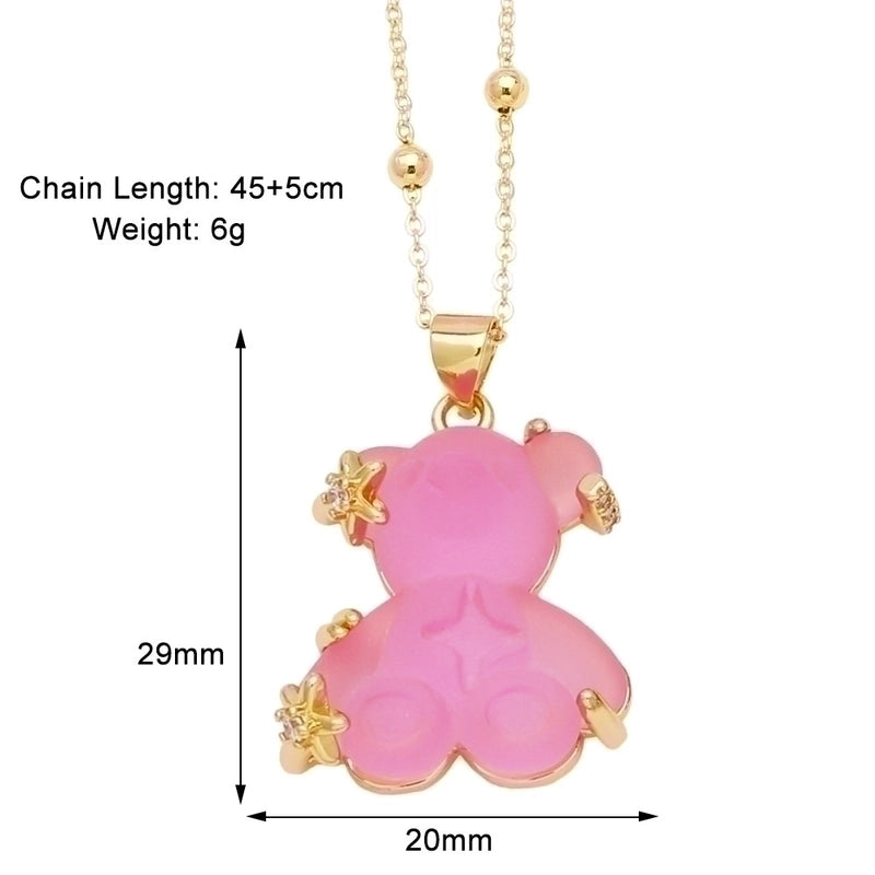 Copper Gold Plated Cute Minimalist Bear Inlay Resin Zircon Pendant Necklace