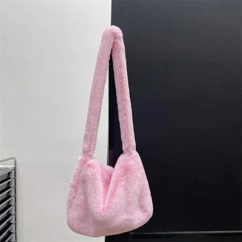 Women's Large All Seasons Plush Solid Color Streetwear Square Zipper Shoulder Bag