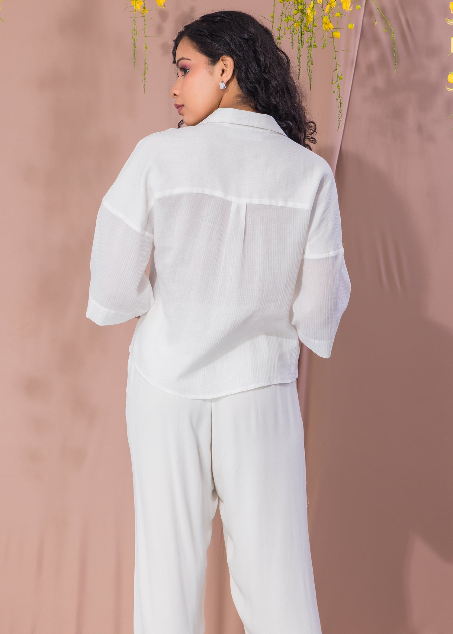 White Drop Shoulder Blouse With Cuban Collar