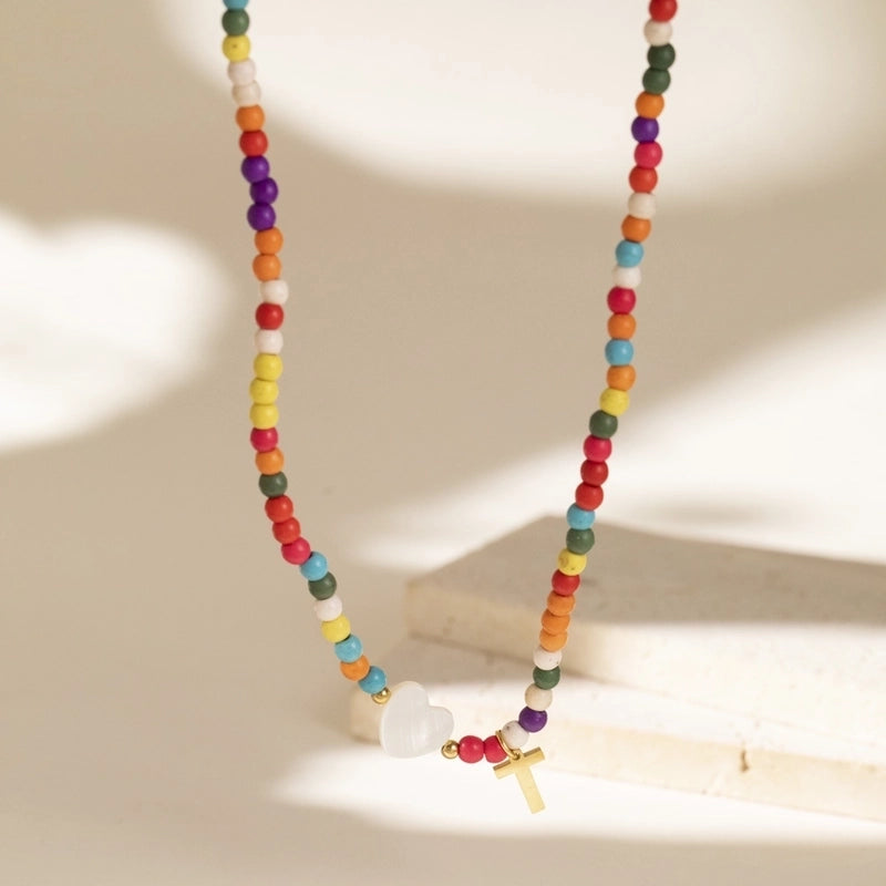 Cute Geometric 304 Stainless Steel Beaded Chain Pendant Necklace