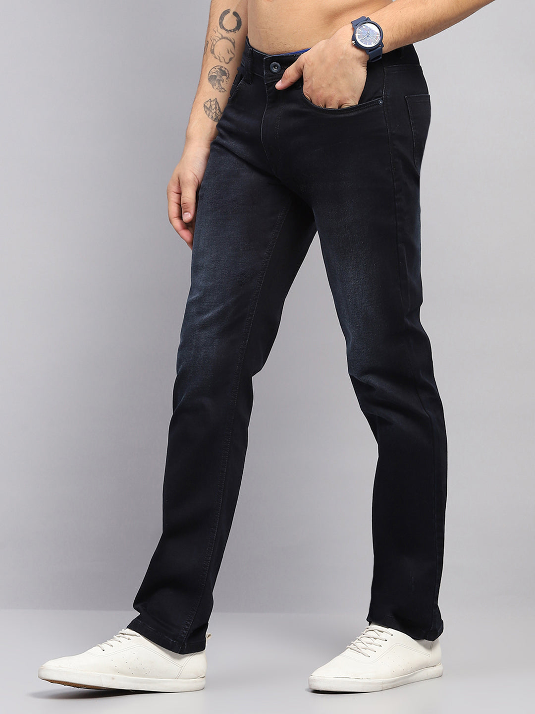 Men Blue Solid Straight Fit Denim