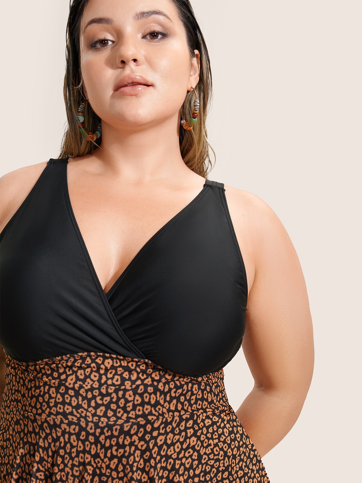 V Neck Leopard Print Patchwork Swim Dress