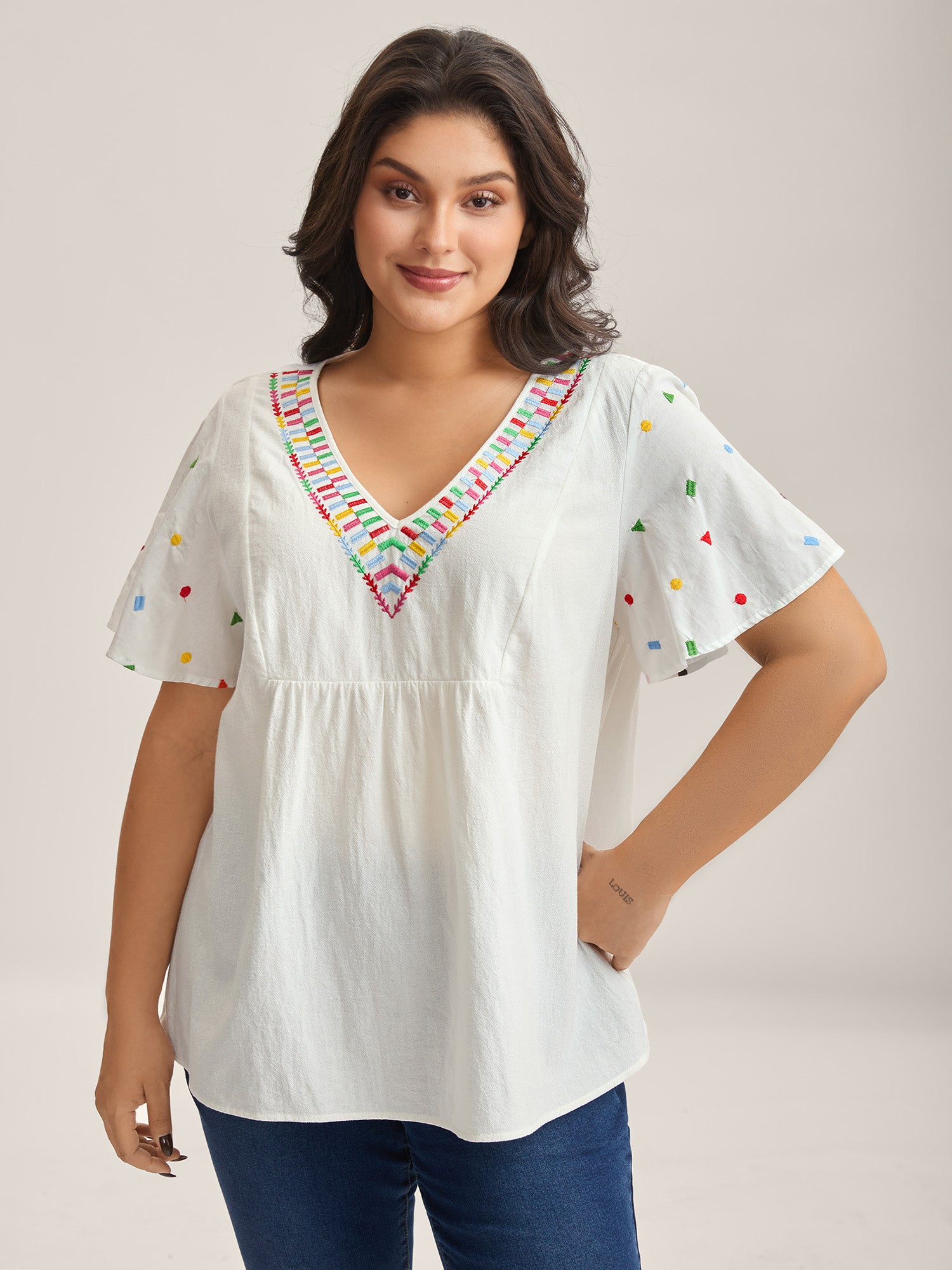 Cotton Colorful Embroidery V-Neck Solid Blouse