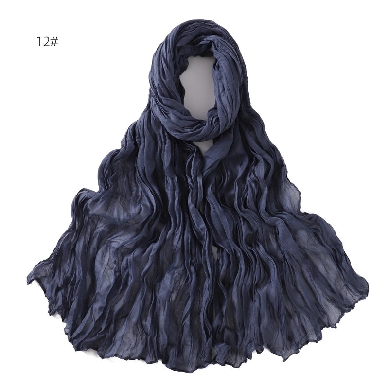 Spring And Autumn Pure Color Silk Yarn Twist Wrinkle Cotton And Linen Breathable Thin Scarf Female Cover Scarf In Stock