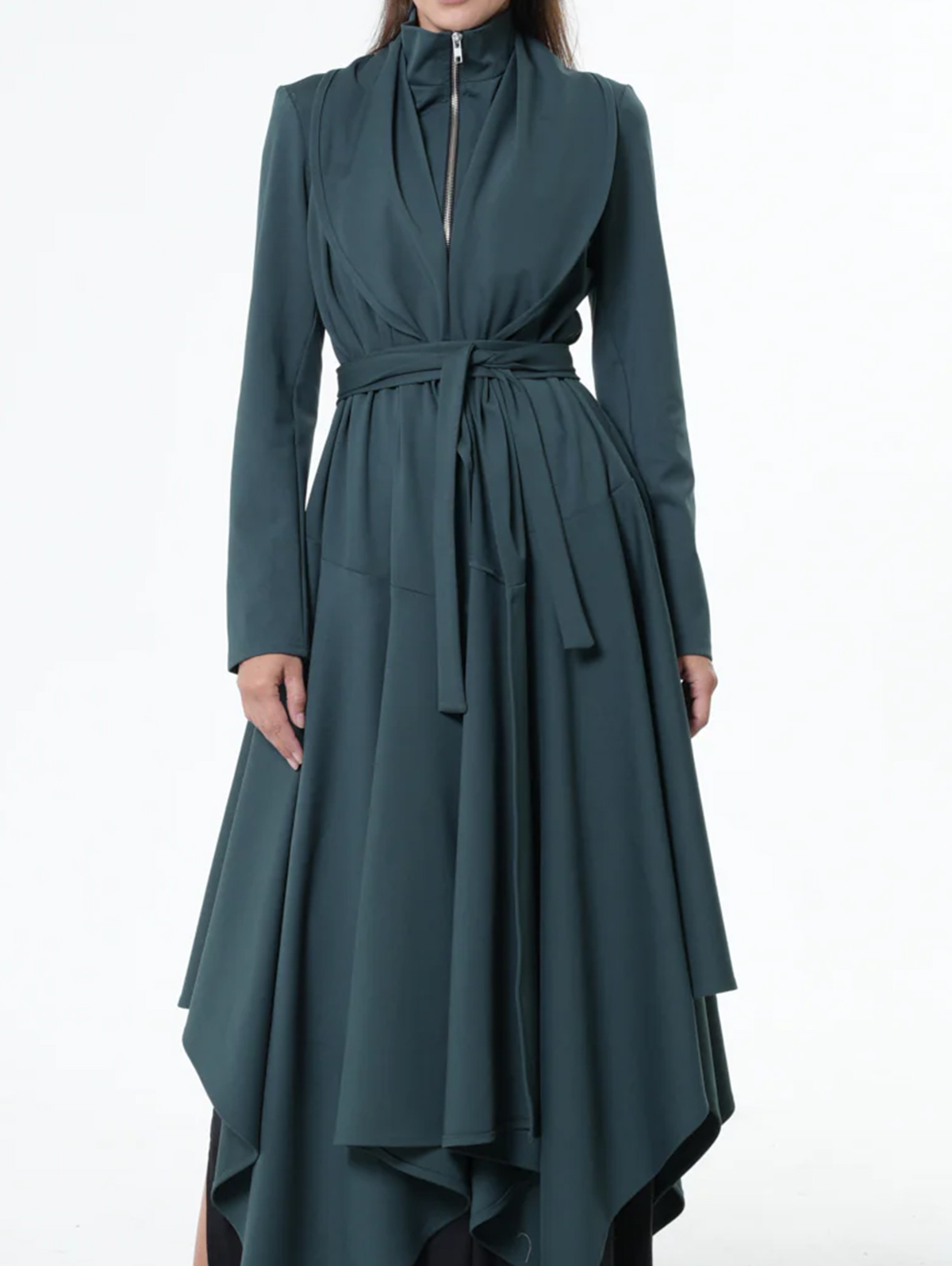 Stand Collar Half Zip Irregular Hem Belt Maxi Dress