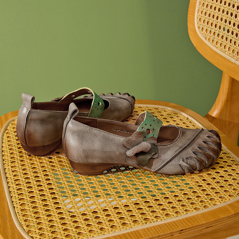 Vintage Color Block Cowhide Mary Jane Flats with Flower Strap in Grey/Purple