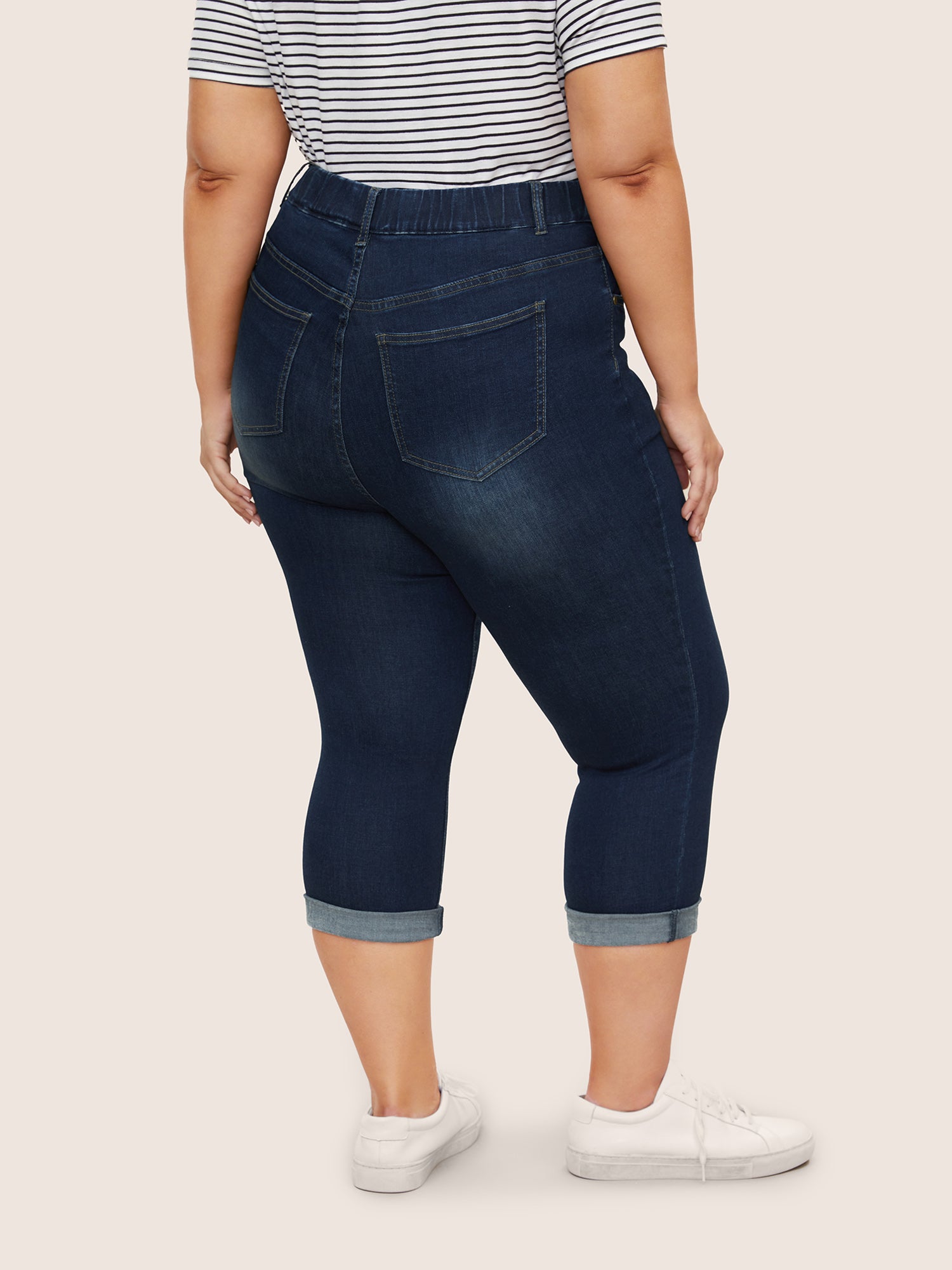 Dark Wash Elastic Waist Roll Hem Jeans