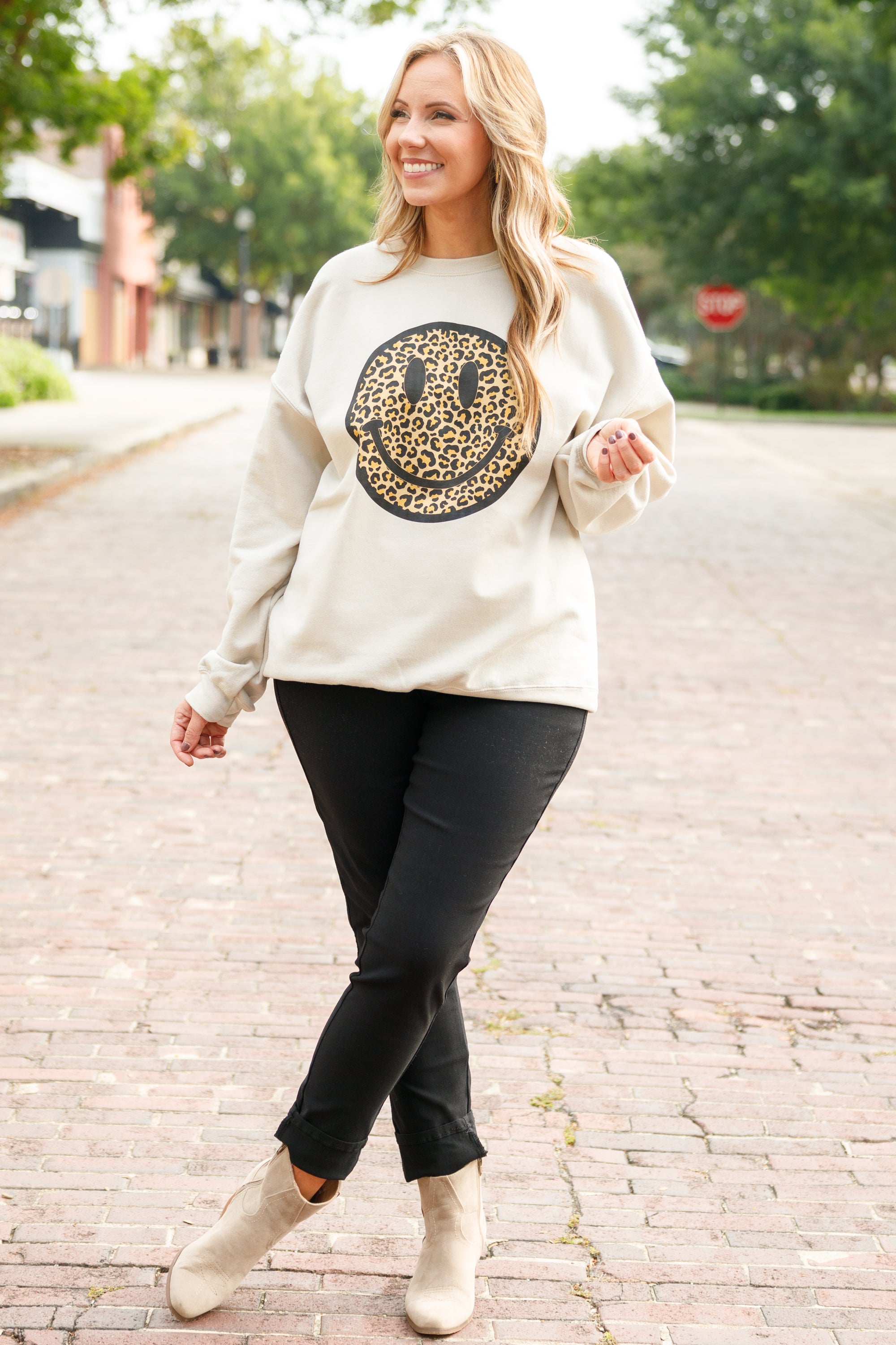 Smiley Face Sweatshirt. Sand