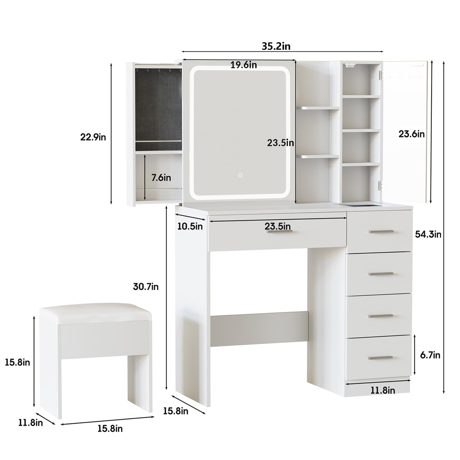 White Vanity Desk with Mirror and Lights Makeup Vanity Table with Power Strip