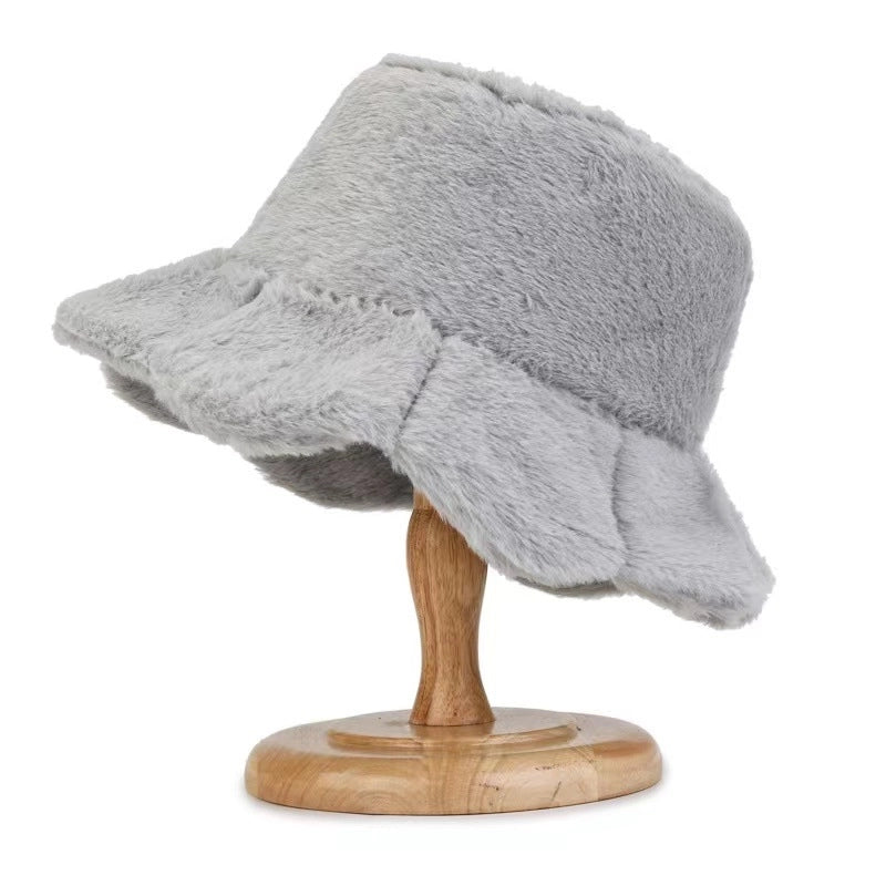 New Autumn And Winter Fleece-lined Imitation Rabbit Fur Fisherman Hat Girl Sweet Cute Warm Cold-proof Hat Lotus