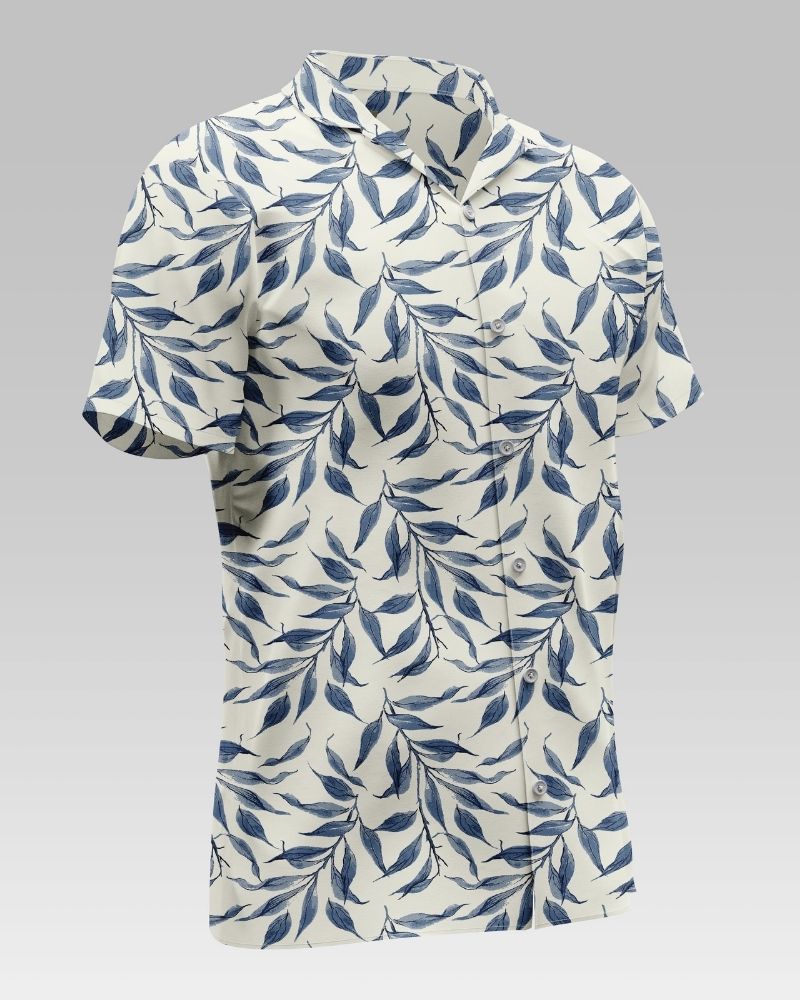 Blue Leaf Printed Cotton Shirt For Men