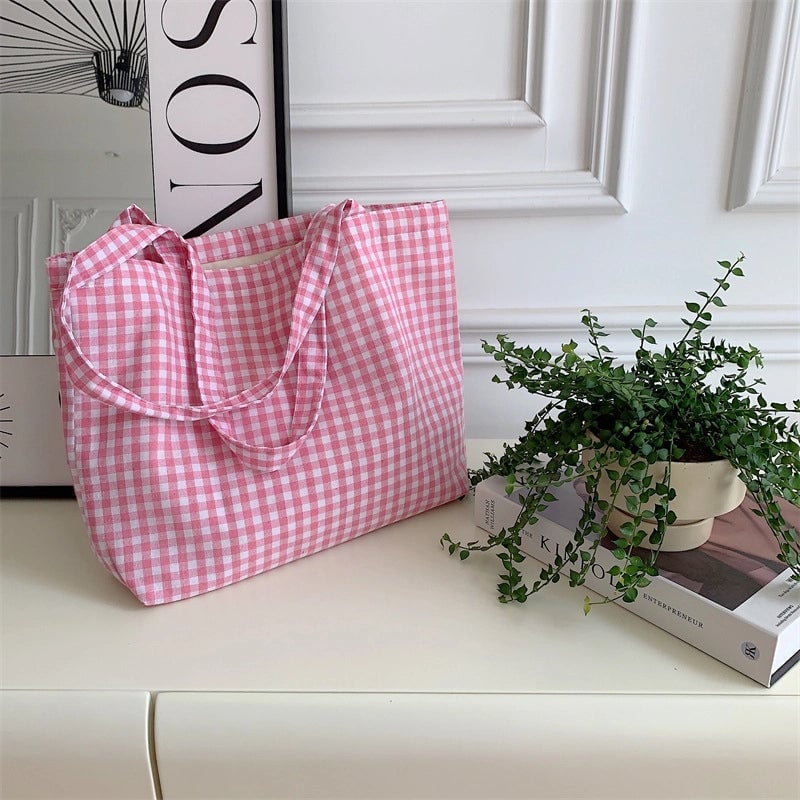 Large Capacity Plaid Canvas Bag Shopping Bag Student Shoulder Handbag Vintage Tote Bag