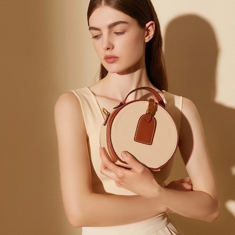 Women's Small Leather Color Block Vintage Style Classic Style Cylindrical Zipper Shoulder Bag Circle Bag Crossbody Bag
