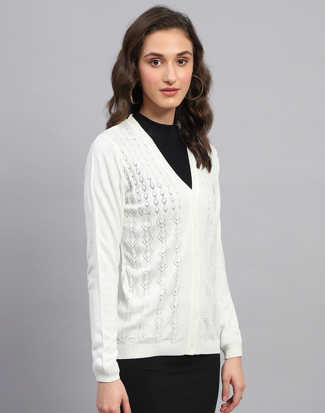 Women White Self Design V Neck Full Sleeve Cardigan