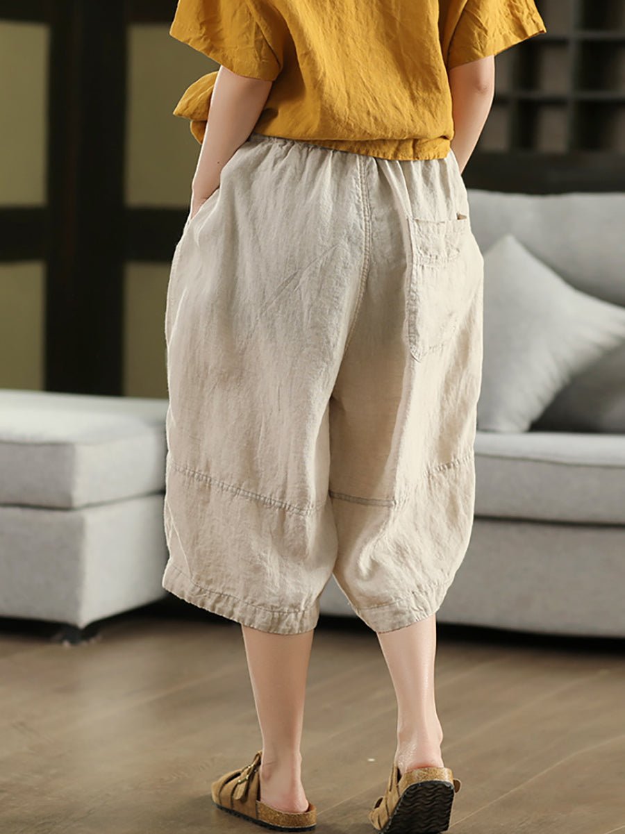 Women Summer Vintage 100%Linen Wide-leg Cropped Pants