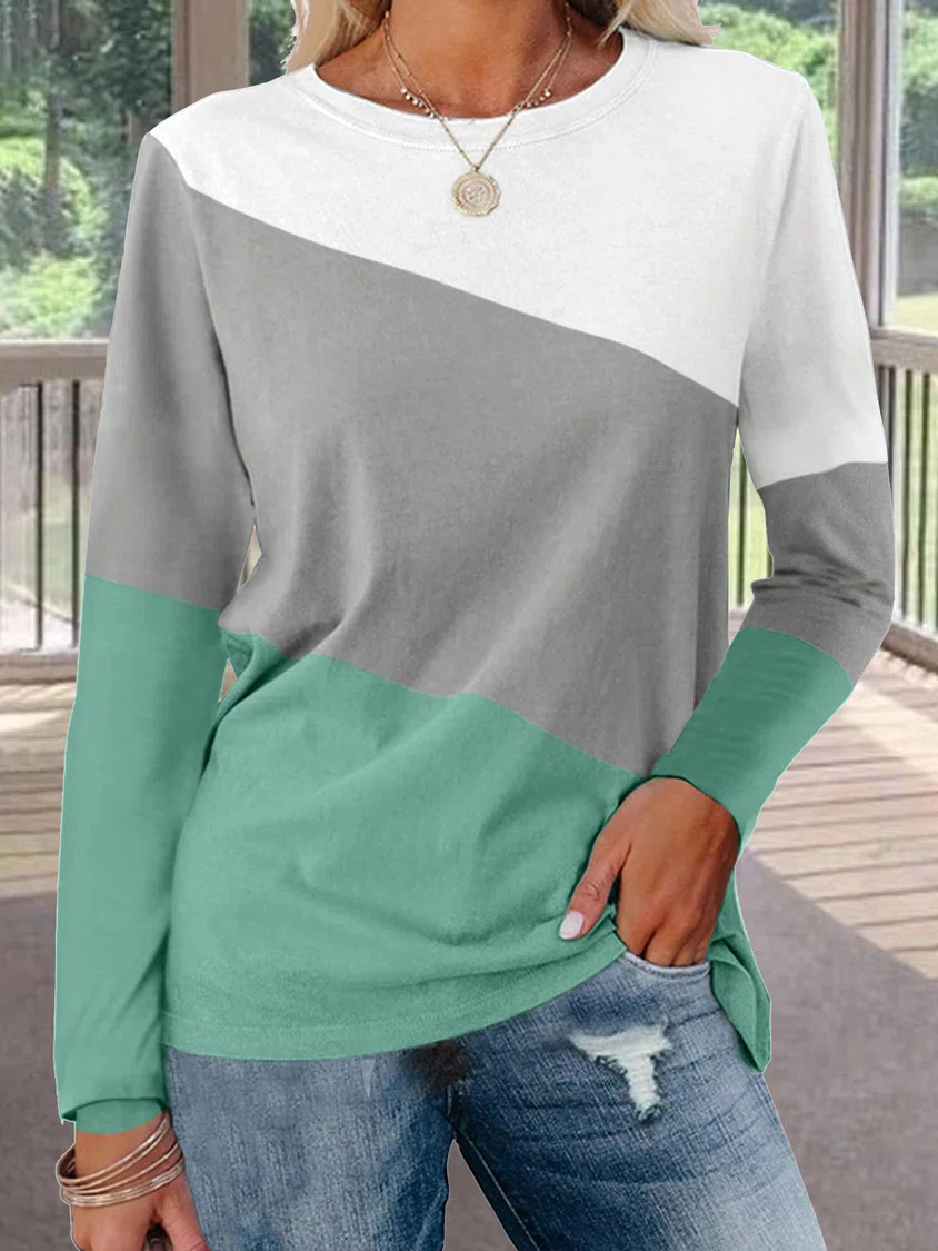 Crew Neck Color Block Casual Long Sleeve T-Shirt/Tee