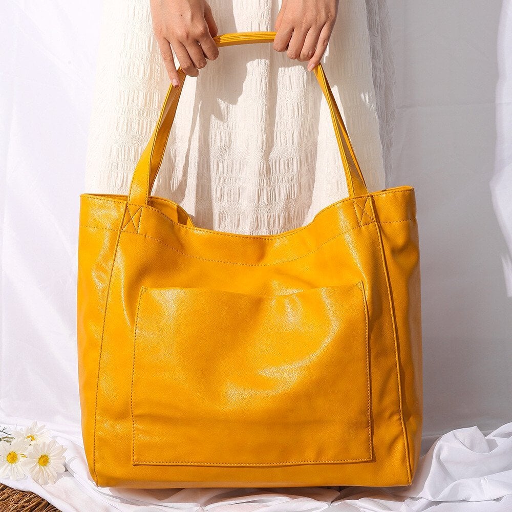 Women's Large Soft Leather Tote Bag With Pocket