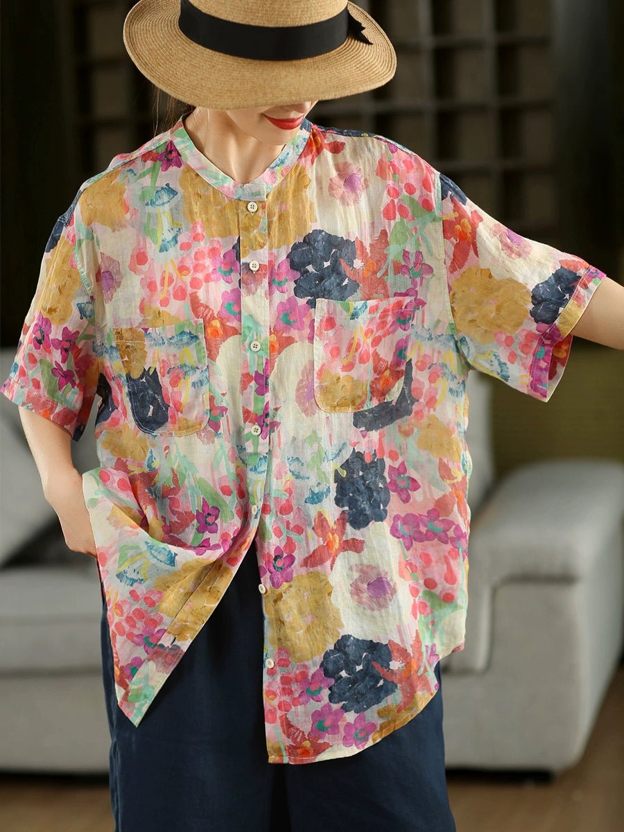 Women Summer Artsy Flower Turn-down Collar 100%Raime Shirt
