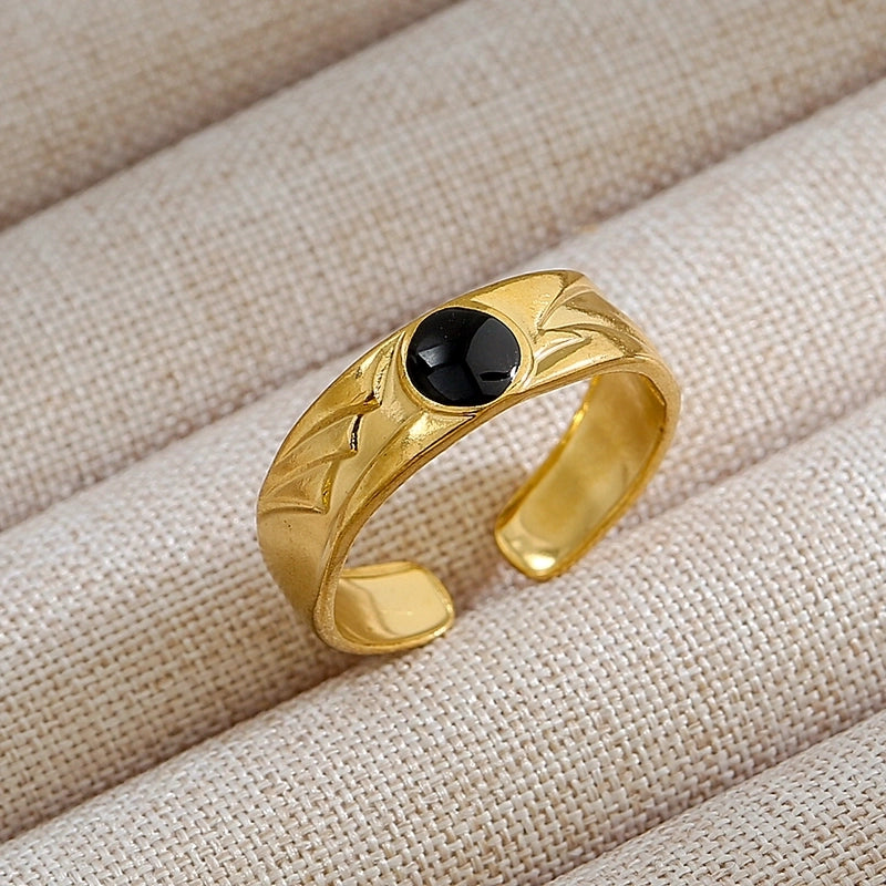 Rock Oversized Leaves Eye Flower 304 Stainless Steel Gem 18K Gold Plated Inlay Open Rings