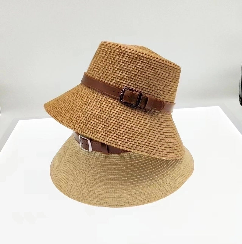 Women's Pastoral Minimalist Solid Color Belt Buckle Wide Eaves Straw Hat