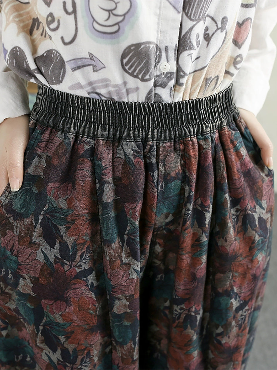 Women Spring Flower Denim 100%Cotton Harem Pants