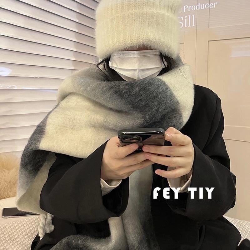 Plaid Scarf Women's Winter High-grade Gradient Mohair Thickened Warm Scarf New Cashmere-like Shawl