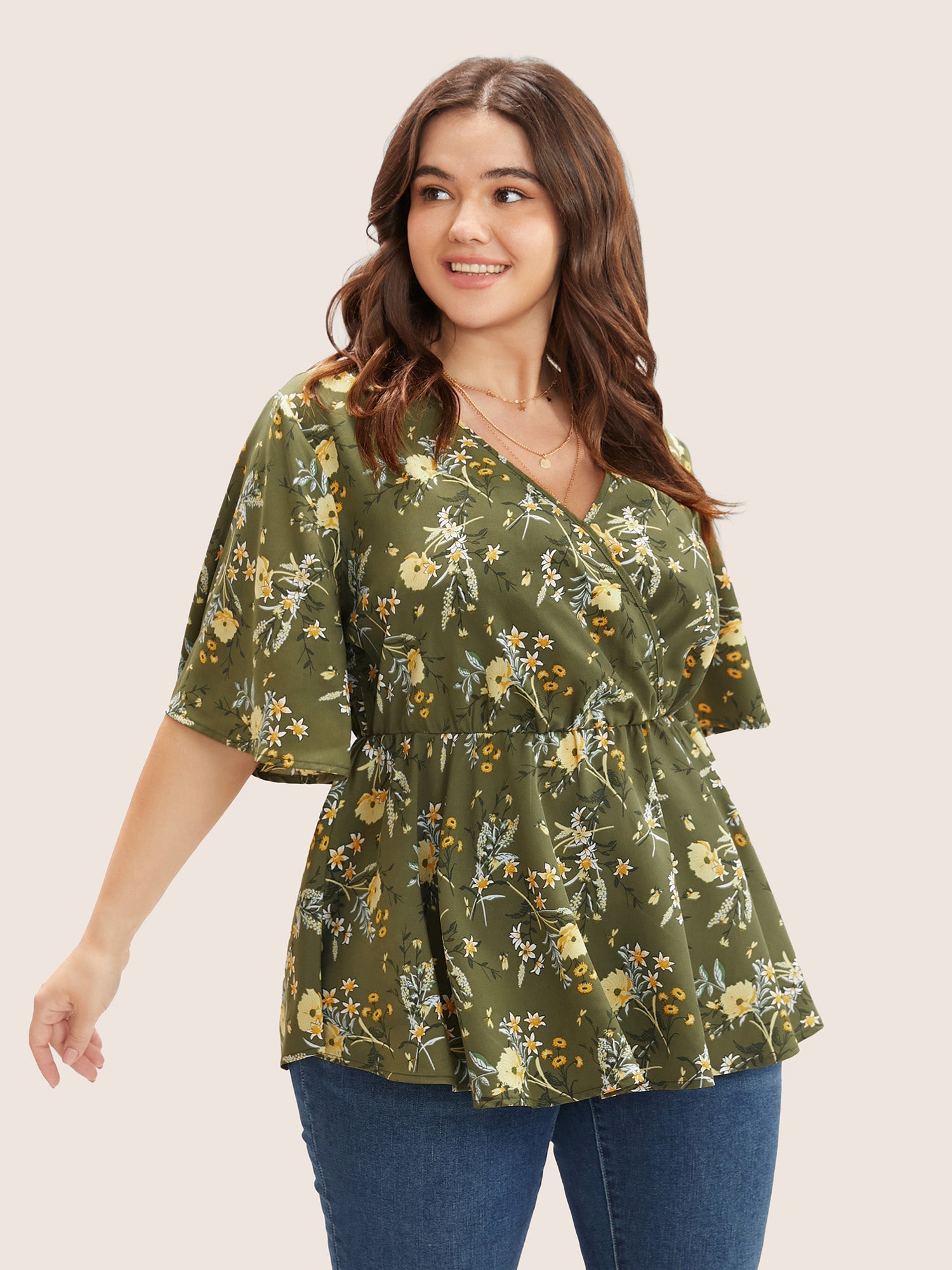 Floral Print Ruffles Surplice Neck Blouse