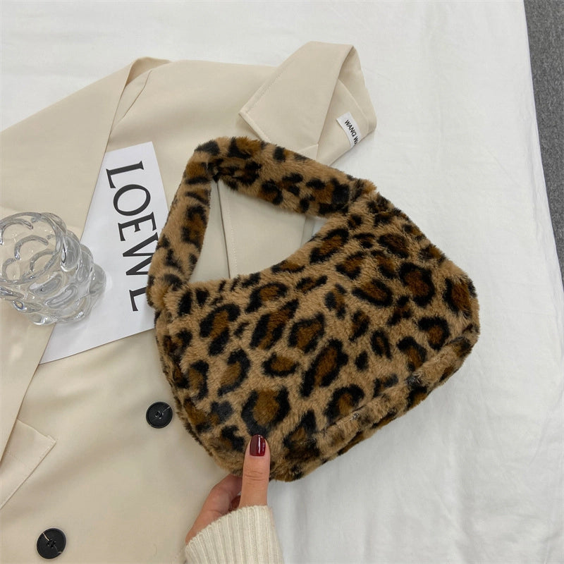 Women's Plush Leopard Classic Style Square Zipper Shoulder Bag Square Bag