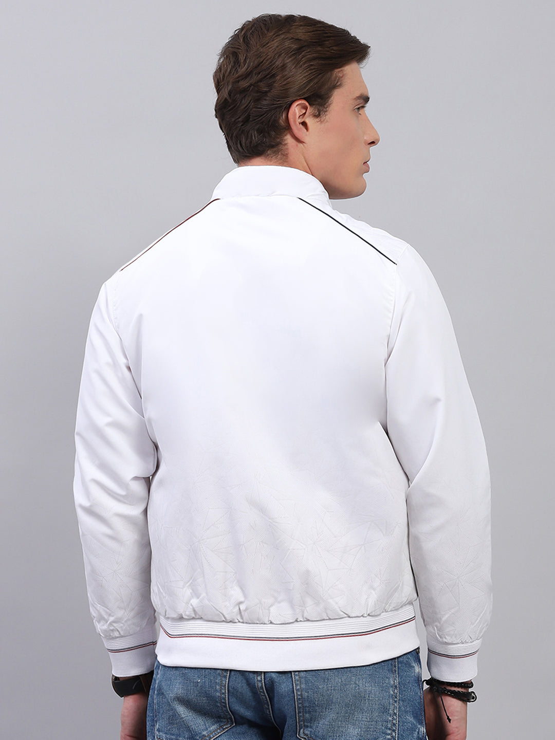 Men White Solid Mock Neck Full Sleeve Jacket