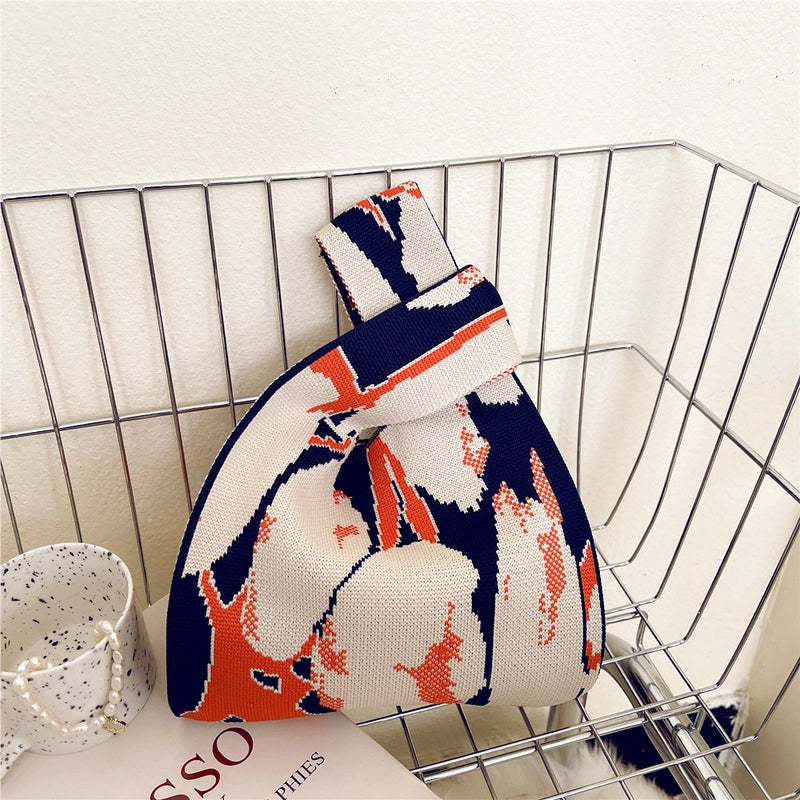 Women's Small Knit Houndstooth Stripe Butterfly Classic Style Square Open Handbag