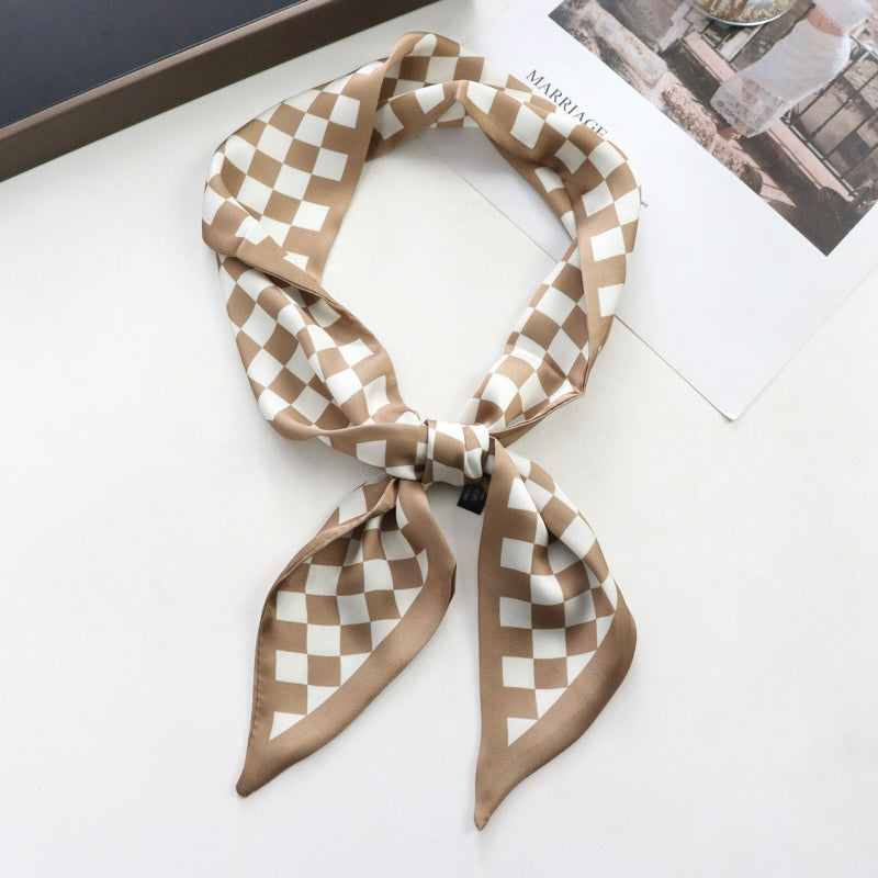 Checkered Silk Like Skinny Scarf