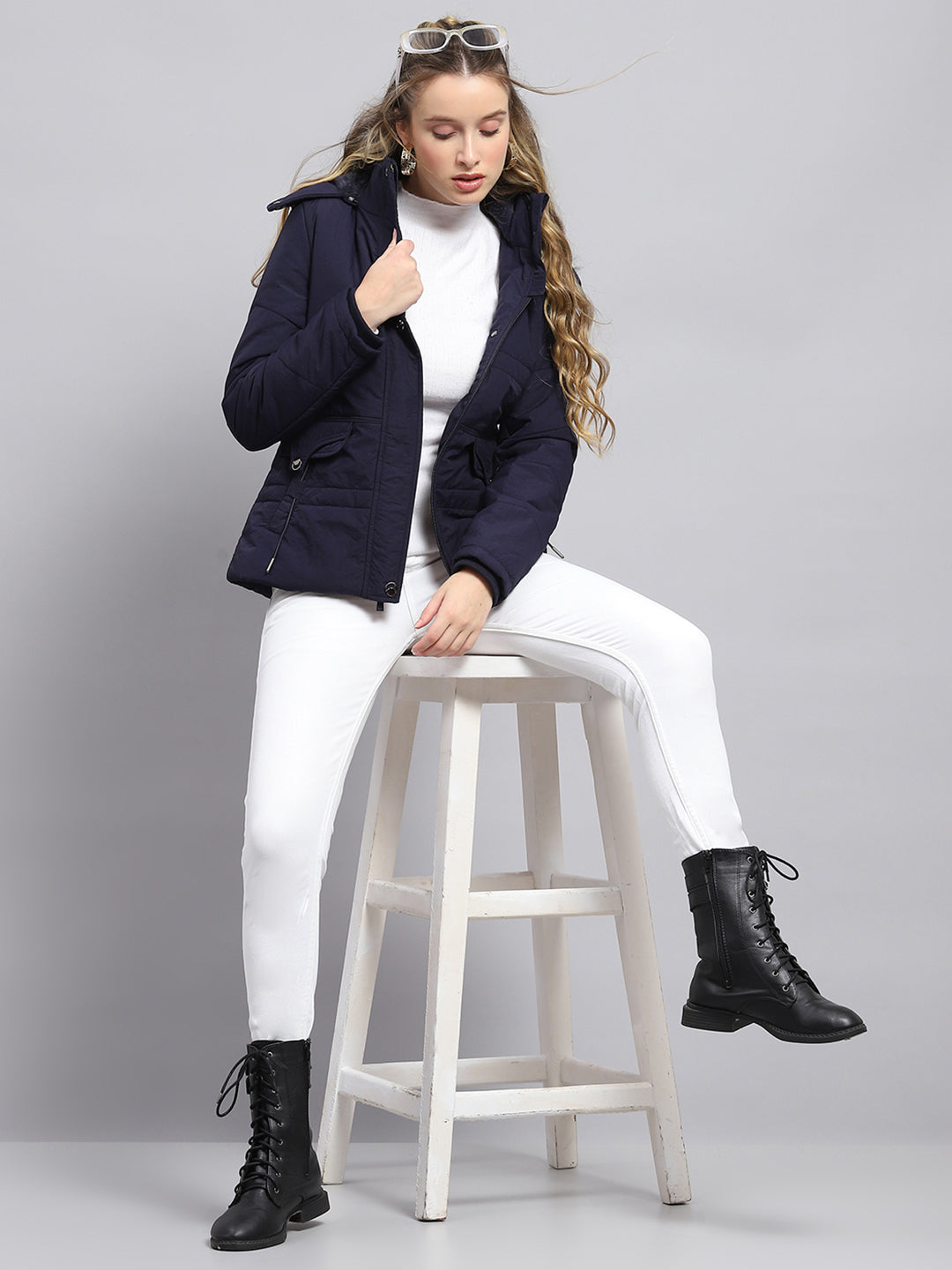 Women Navy Blue Solid Detachable Hood Full Sleeve Jacket