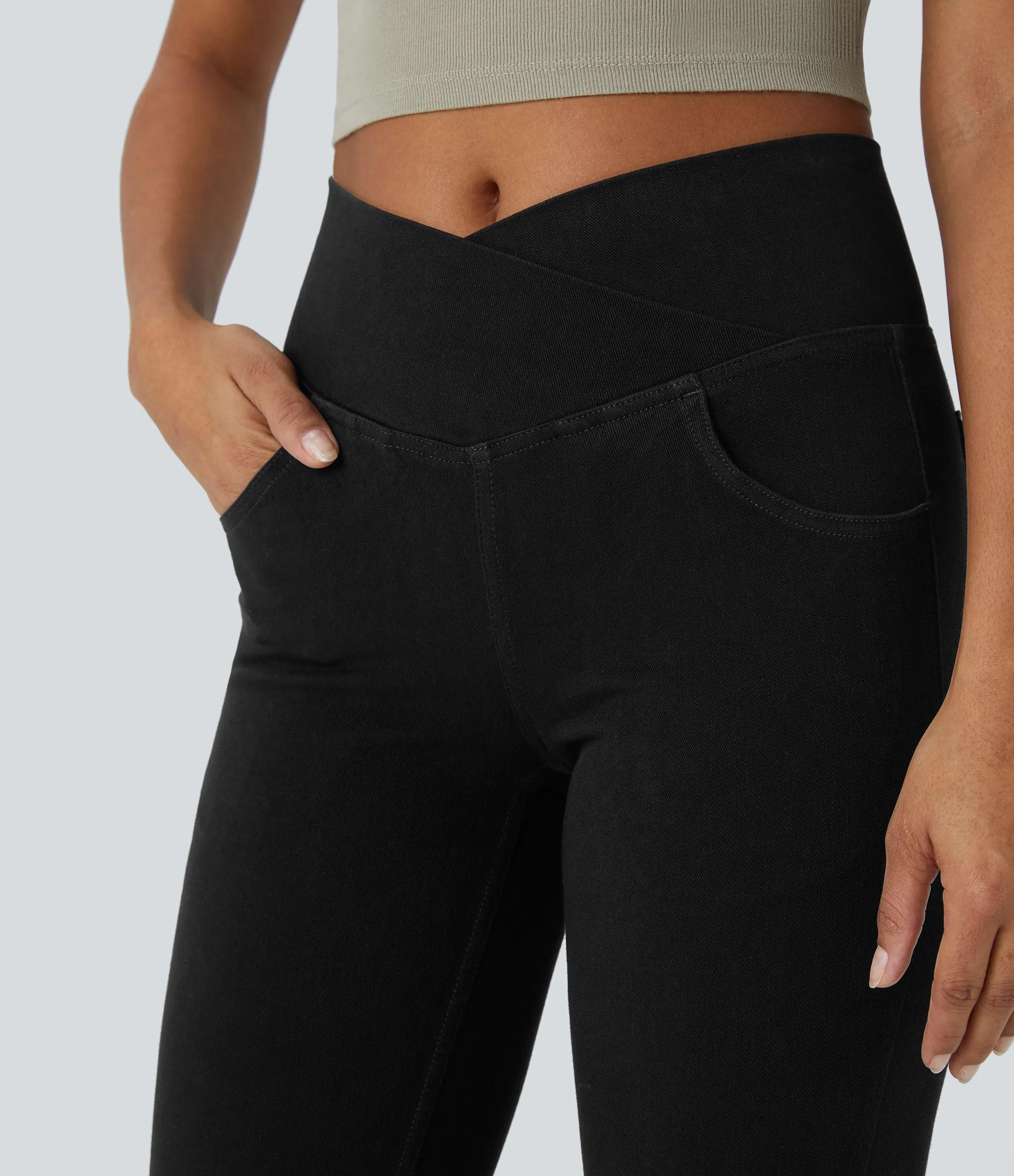 ⚡8 Packs for $25.95⚡- High Waisted Crossover Pocket Washed Stretchy Knit Casual Super Flare Jeans