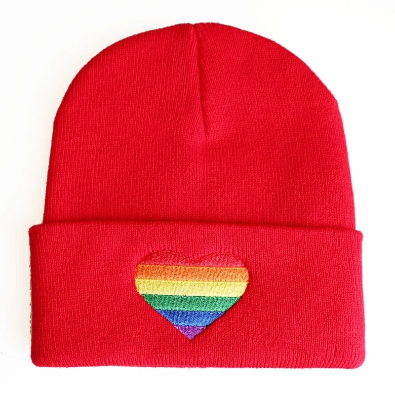 Unisex Minimalist Rainbow Heart Shape Embroidery Crimping Wool Cap