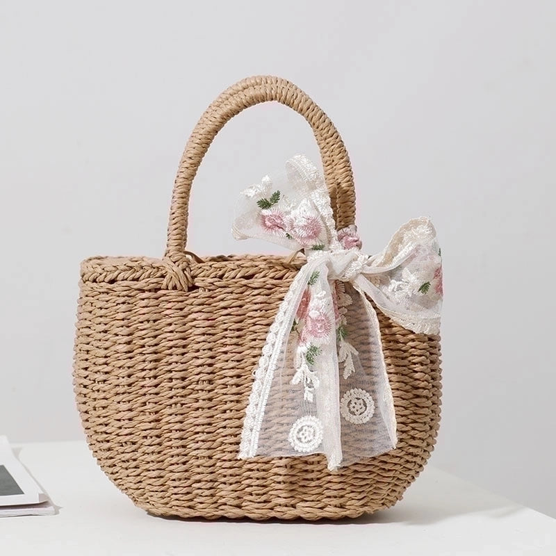 Women's Medium Straw Bow Knot Elegant Square String Straw Bag