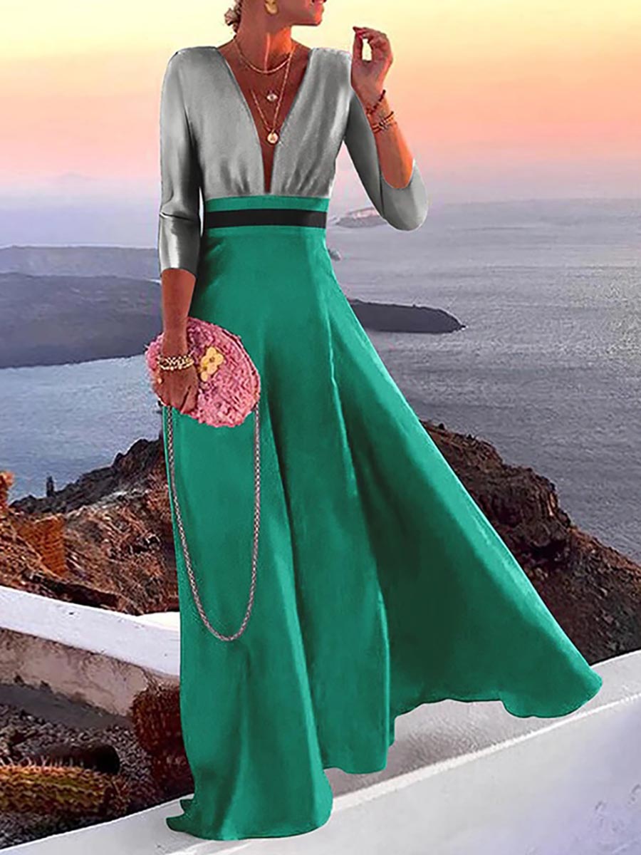 Fashion Print Long Sleeve Plunge V Neck Color Block Dresses