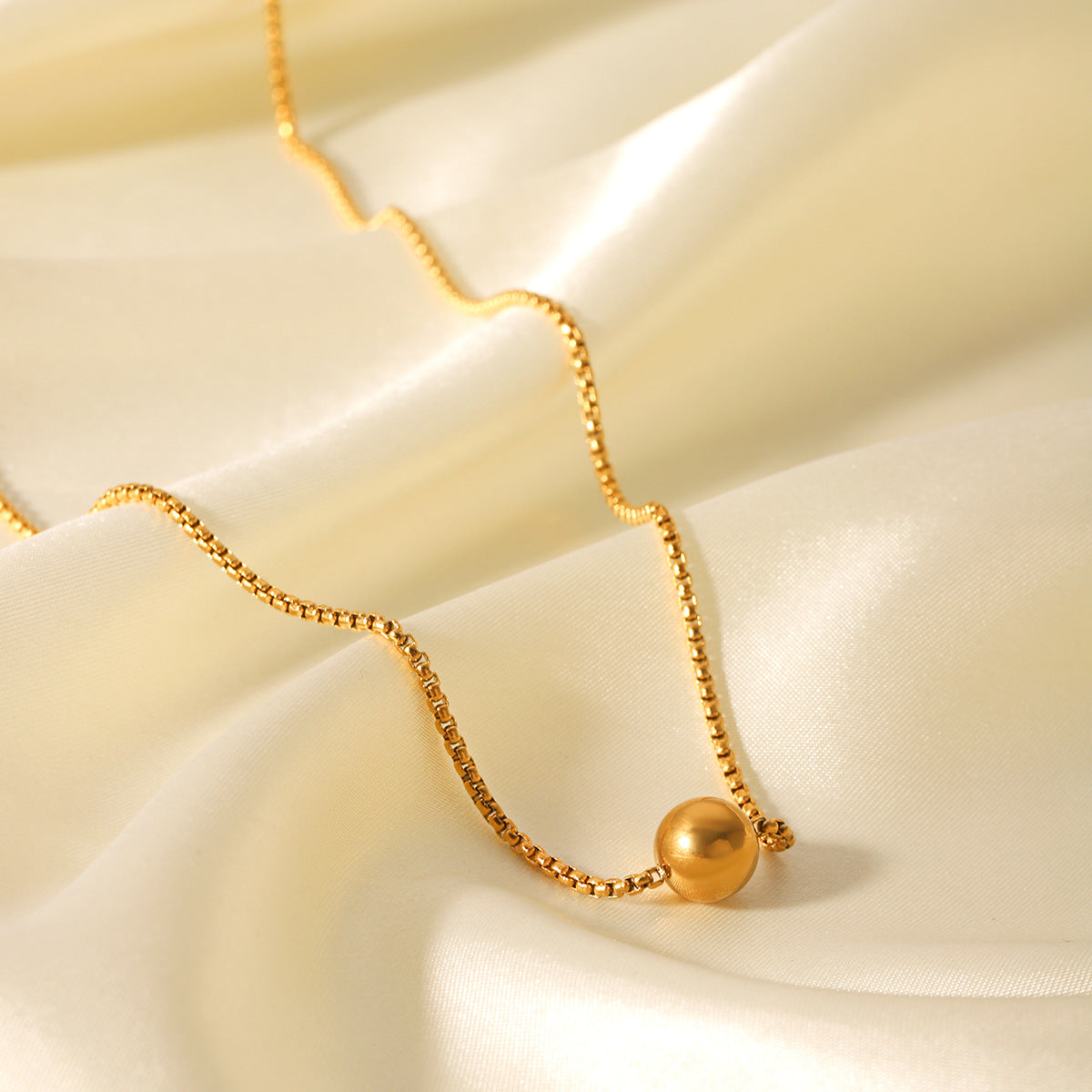18K Gold Stainless Steel Box Chain Steel Bead Pendant Necklace Ins Style Niche Design Pull-Out Clavicle Chain