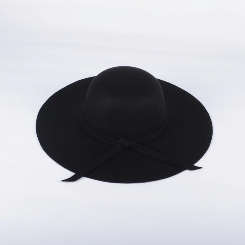 Black Retro Big Brim Hat Woolen Hat Female Autumn And Winter Trendy Casual Dome Top Hat Female