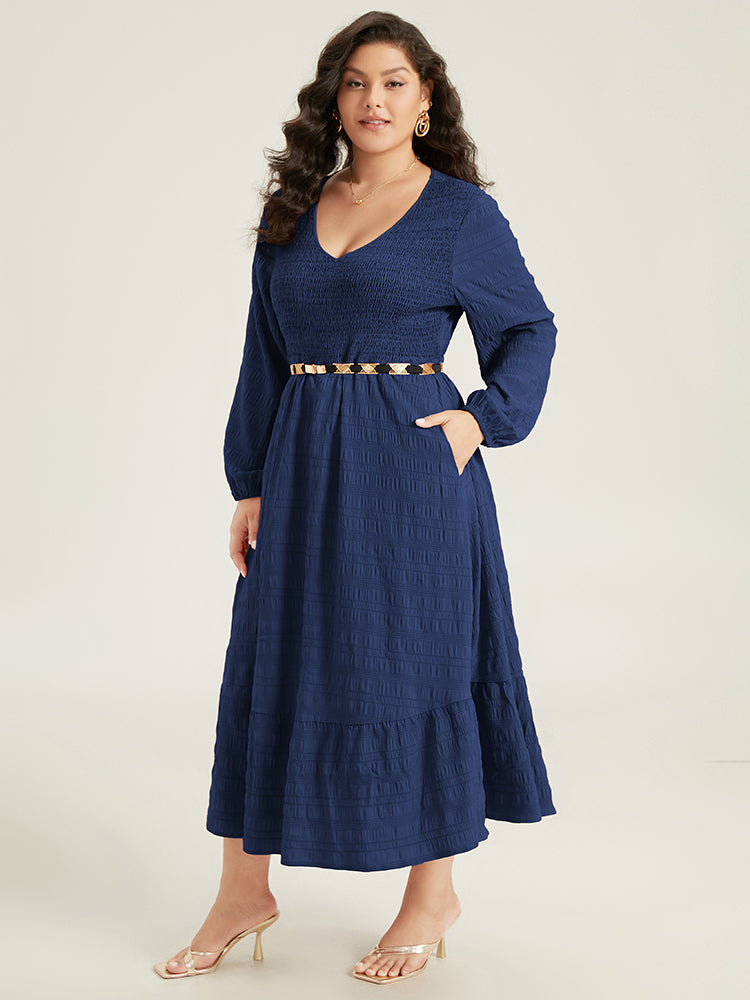 Solid Shirred Plisse Flutter Hem Dress